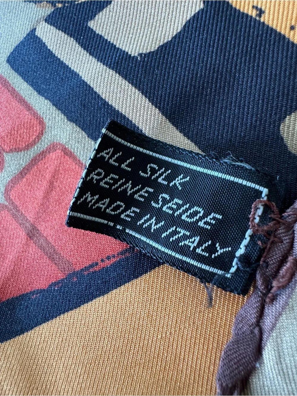 Vintage Ken Scott Made in Italy Multicolor Large Square Silk Scarf Tan Black